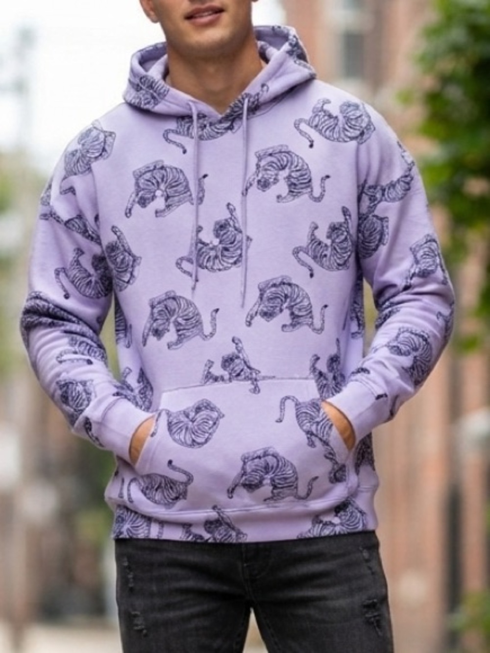 Purple Tiger Print Men's Fleece Hoodie Size L Large